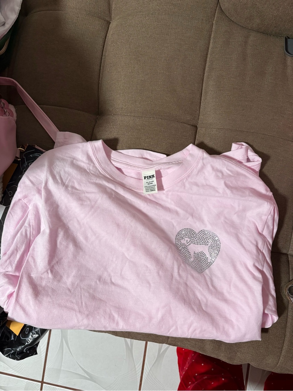 PINK Victoria's Secret Pale  Girls Tee with Rhinestone Heart
